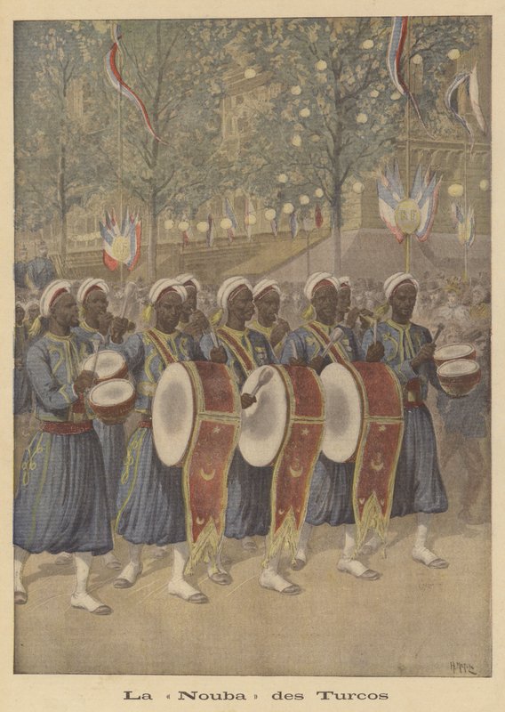 marsjerende band av koloniale tiraillører (Turcos) av after Henri Meyer