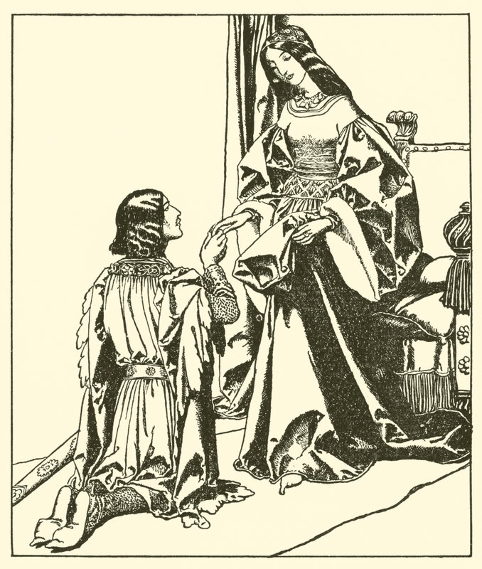 Sir Launcelot hilser på dronning Guinevere av after Howard Pyle