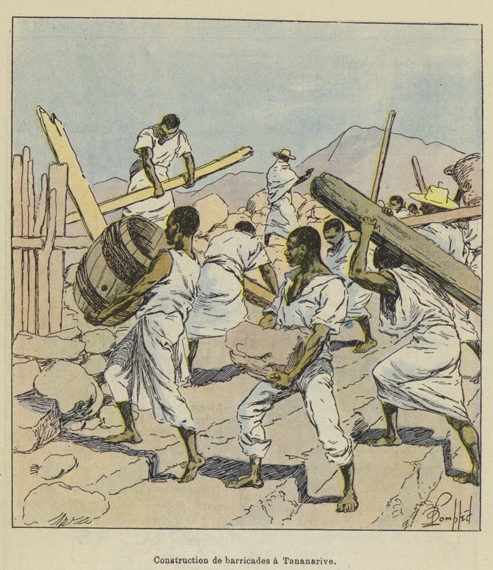Bygging av barrikader i Tananarive av after Louis Charles Bombled
