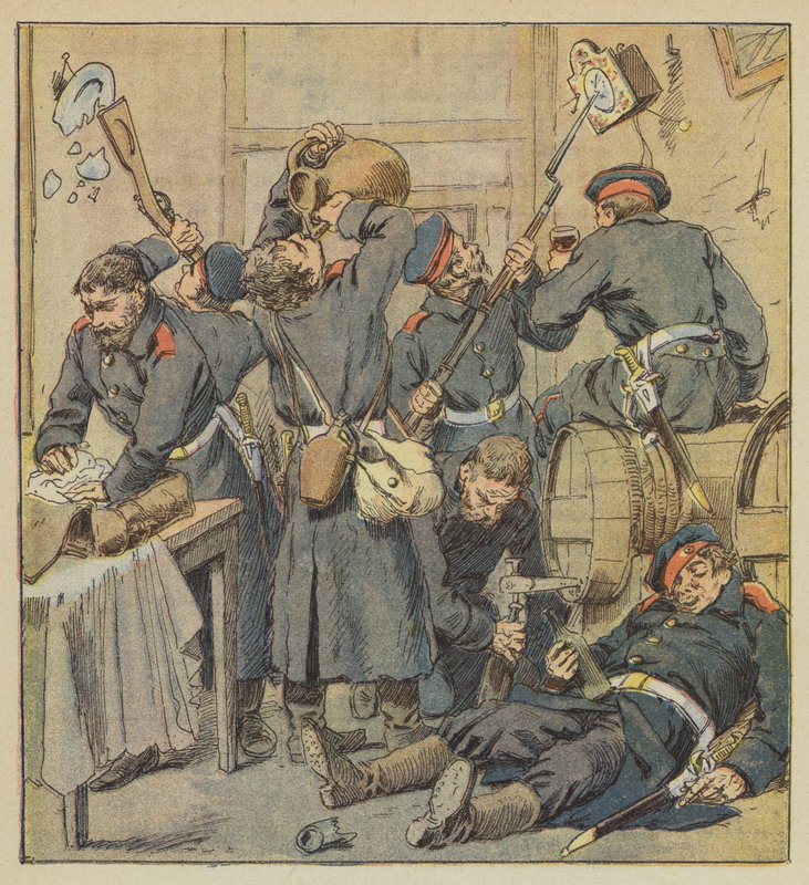Plyndringsscene i Saint-Calais av after Louis Charles Bombled